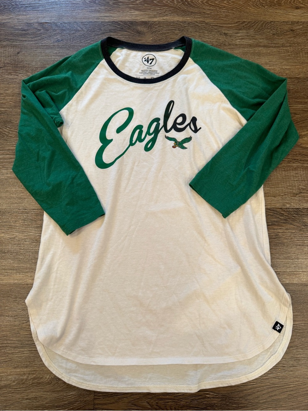 '47 Brand Eagles White Tee with Green Raglan Sleeves